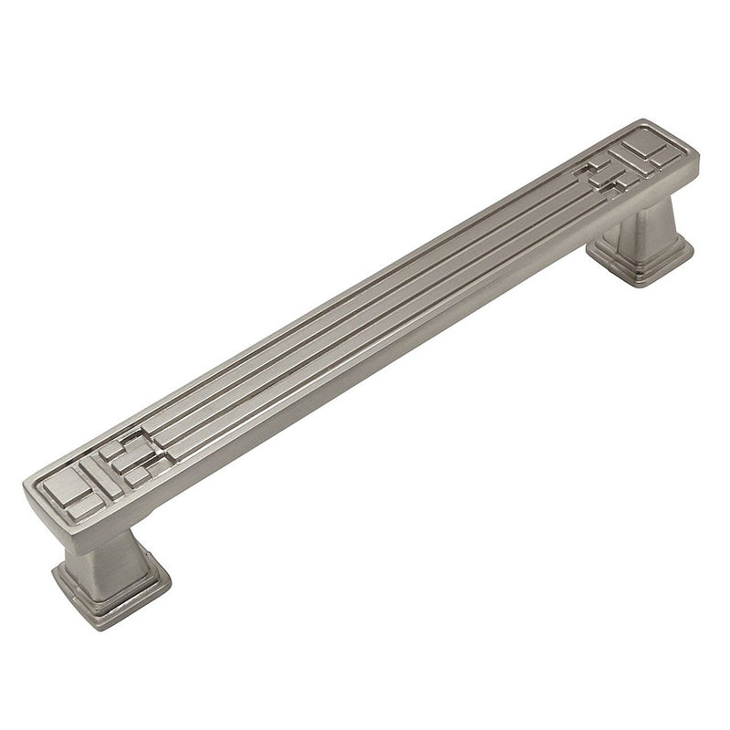 Five inch hole spacing drawer pull with rectangular engraving on top in satin nickel finish