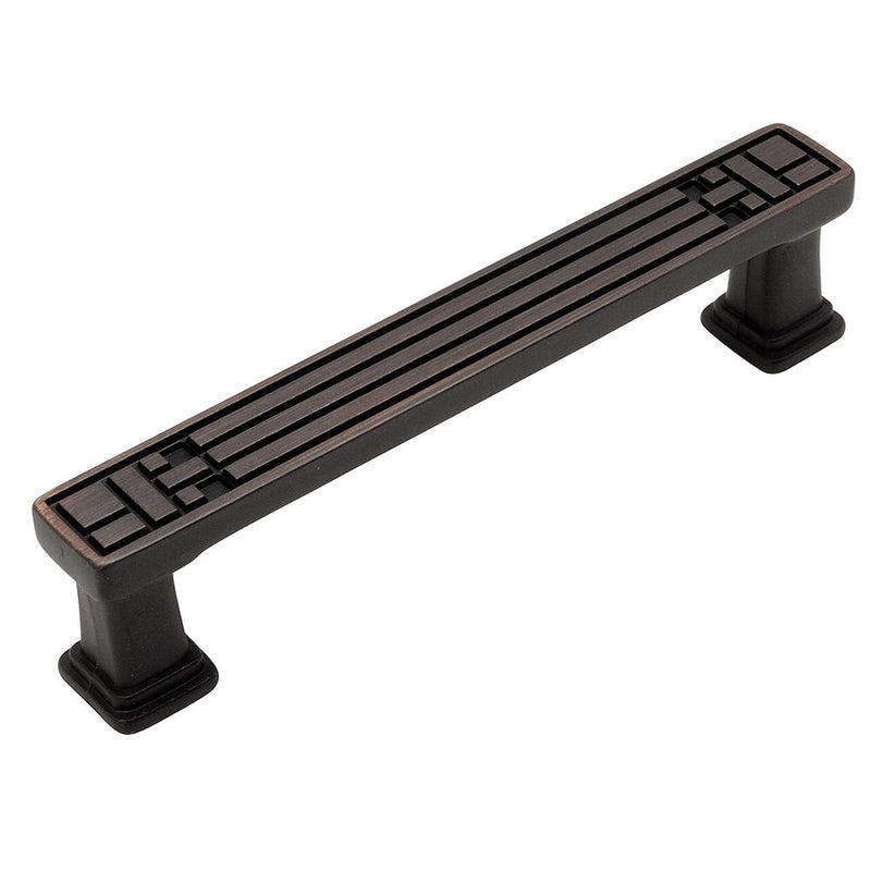 Three and three quarters inch hole spacing cabinet drawer pull with square engraving on top in oil rubbed bronze finish