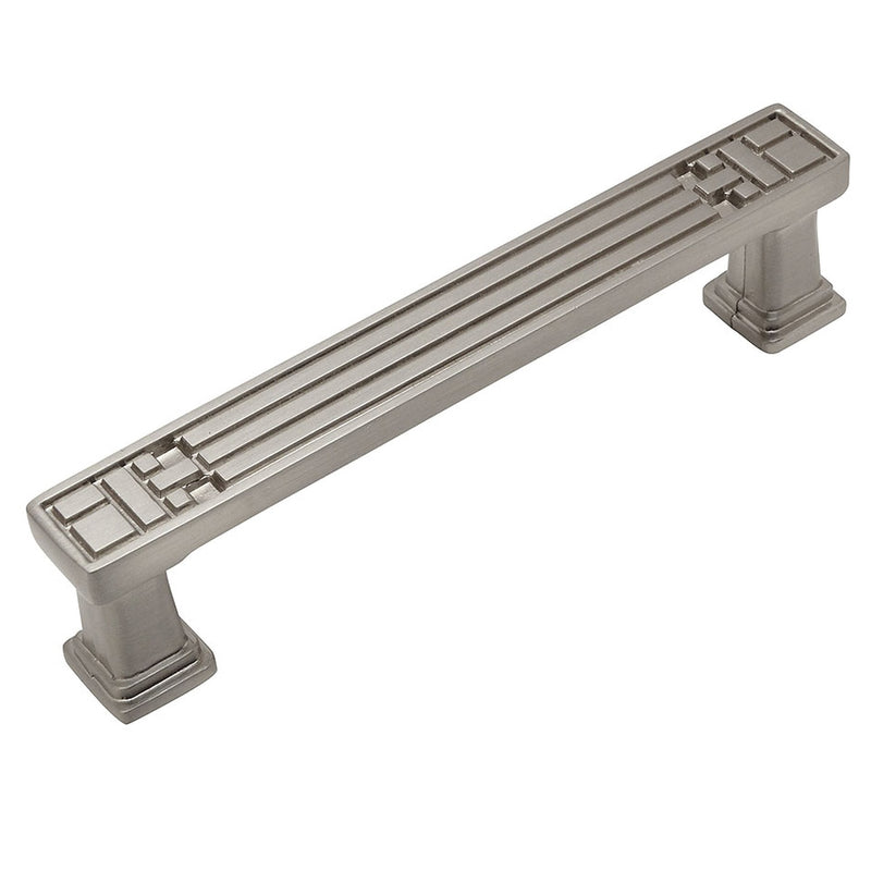 Satin nickel cabinet drawer pull with square edge design and rectangular engraving on top