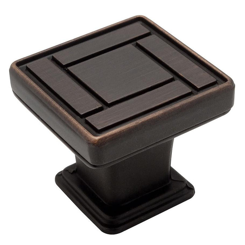 Square drawer knob in oil rubbed bronze finish with square and rectangles engraving on surface