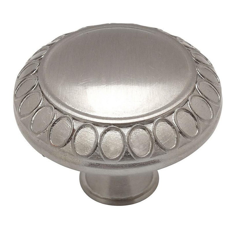 Round cabinet drawer knob in satin nickel finish with rings craving and one and five sixteenths inch diameter