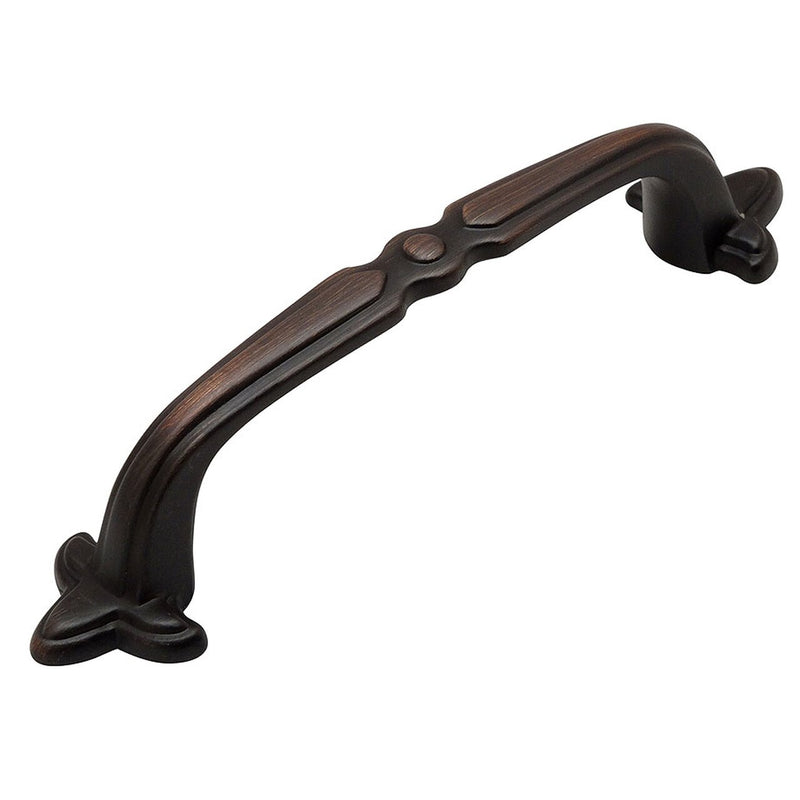 Three inch hole spacing cabinet pull in oil rubbed bronze finish with decorative shape at ends
