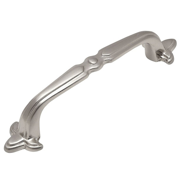 Satin nickel cabinet pull with decorative ends and engraving on top 