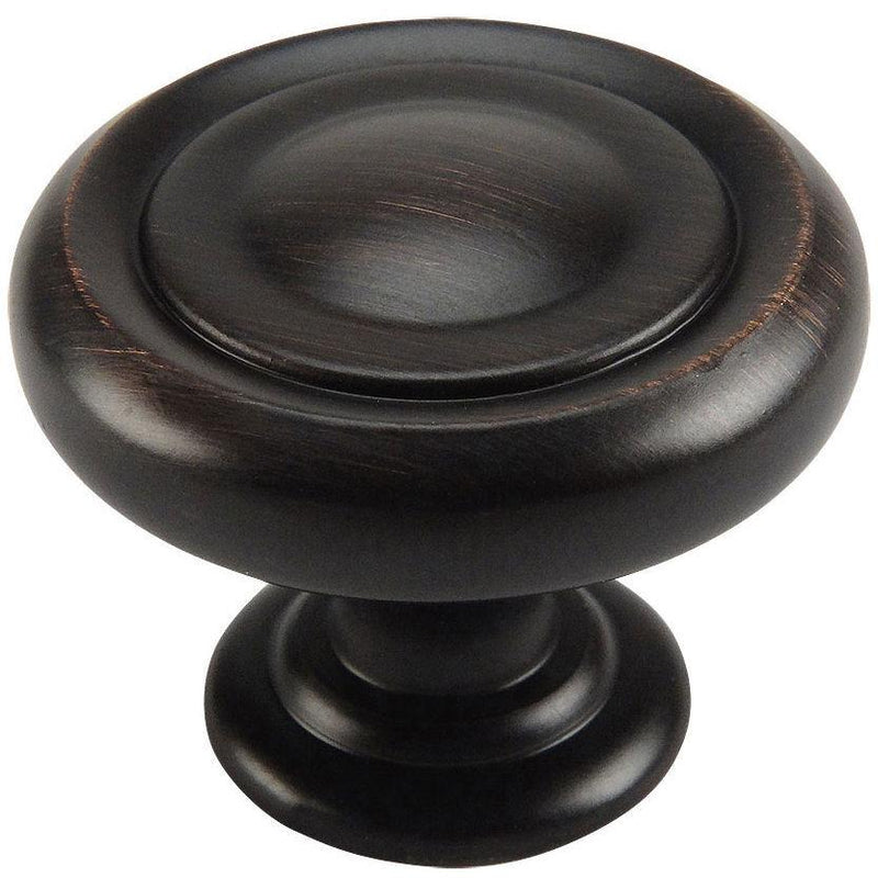 Oil rubbed bronze drawer knob with concave surface and an emboss circle