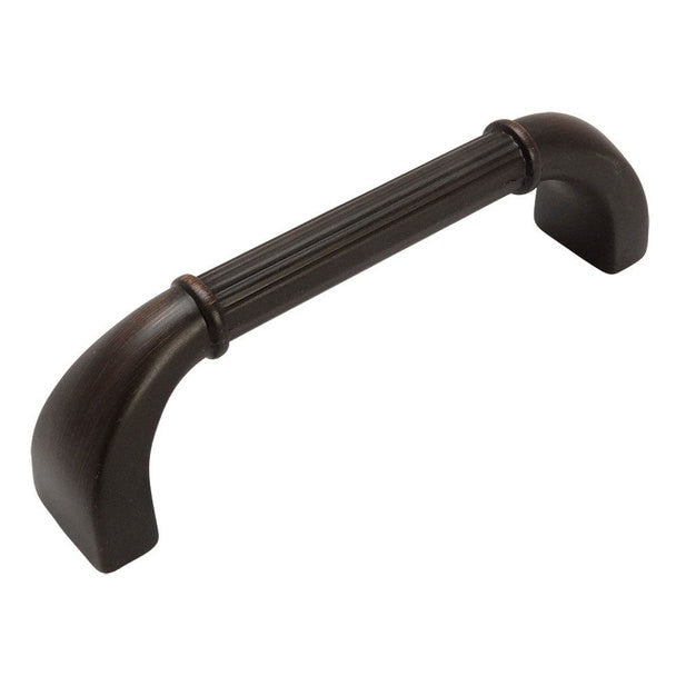 Three and three quarters inch hole spacing cabinet drawer pull in oil rubbed bronze finish with sturdy ends and engraving in the middle