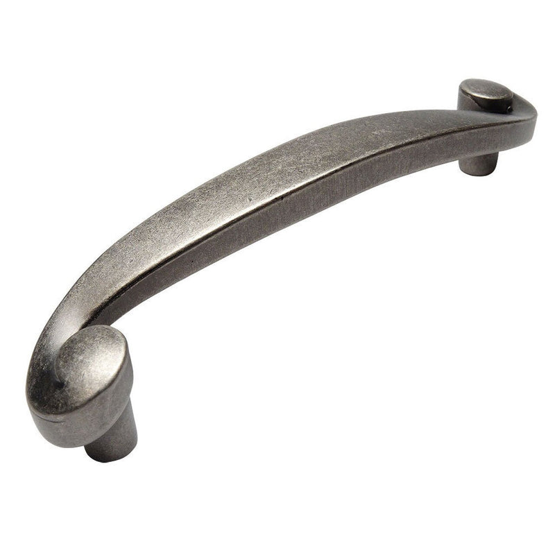 Swirl cabinet drawer pull in weathered nickel with three and three quarters inch hole spacing