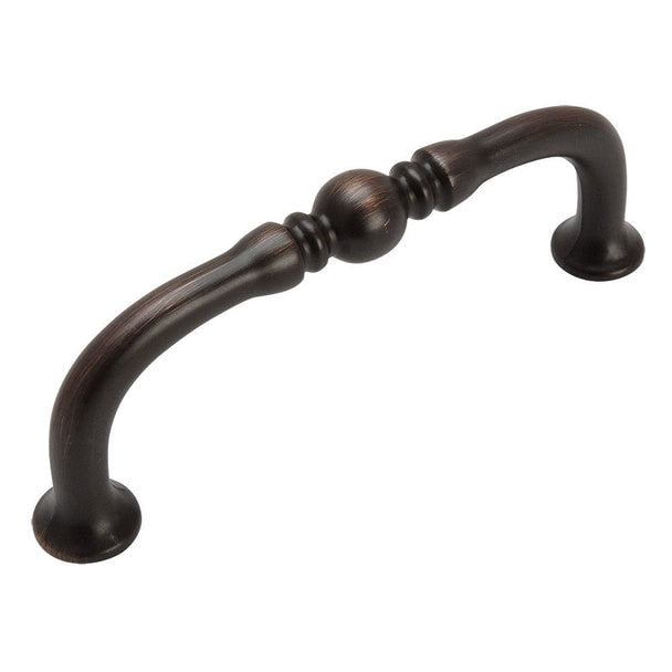 Three inch hole spacing cabinet pull in oil rubbed bronze finish with a small decorative ball in the middle 