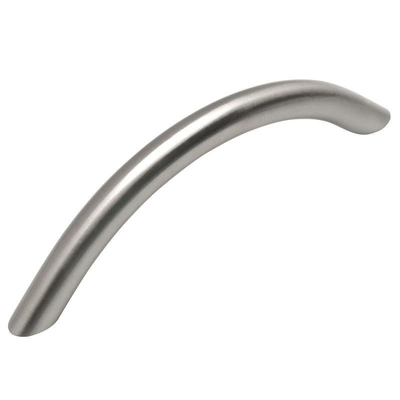 Satin nickel bow drawer pull in three and three quarters inch hole spacing 