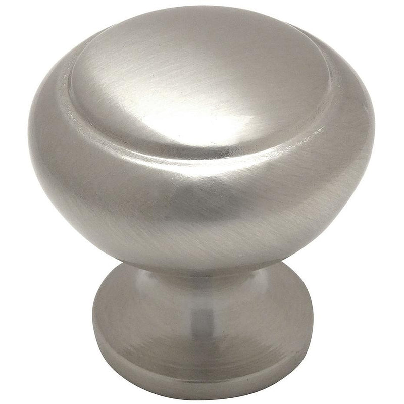One and a quarter inch diameter drawer knob in satin nickel finish with carving around along the edges