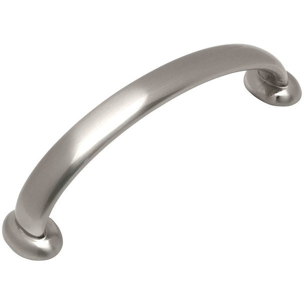 Satin nickel cabinet drawer pull with low arch style and three and three quarters inch hole spacing