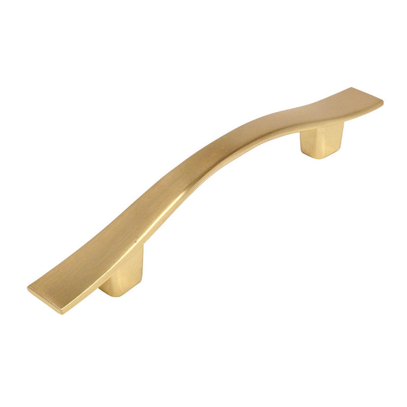Brushed brass cabinet pull with three inch hole spacing and wavy design