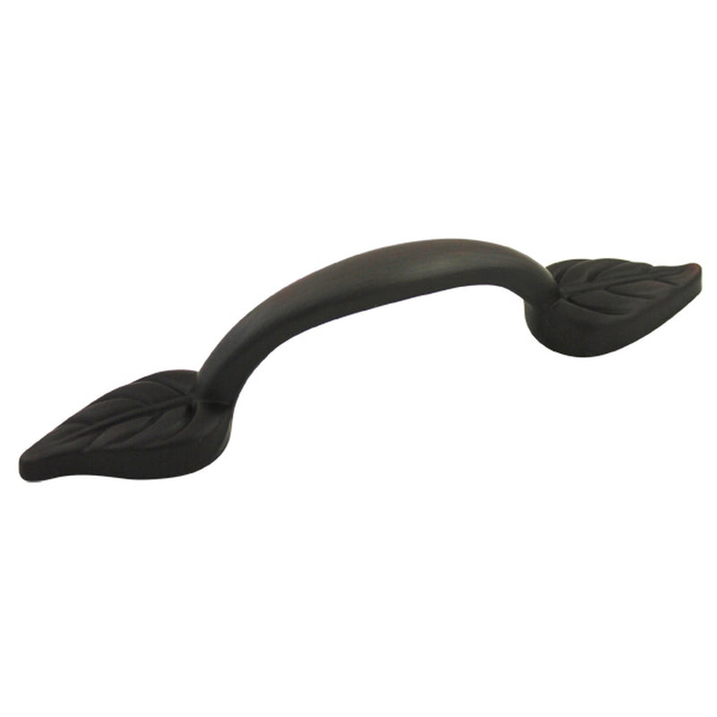 Cabinet pull in oil rubbed bronze with leaf design and three inch hole spacing