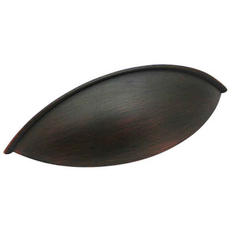Drawer cup pull in oil rubbed bronze finish with three and three quarters inch hole spacing