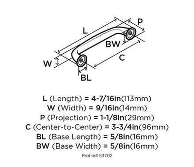 Diagram of dimensions of cabinet pull in satin nickel finish with round tube legs