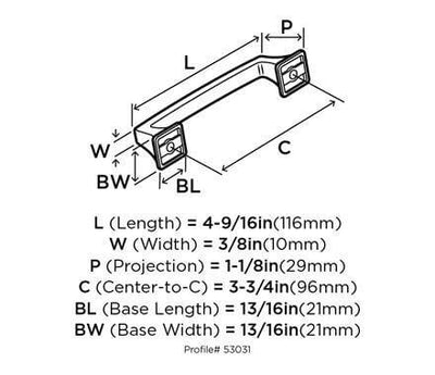 Diagram of dimensions of three and three quarters inch hole spacing cabinet drawer pull in satin nickel finish with flare legs and slightly raised centre