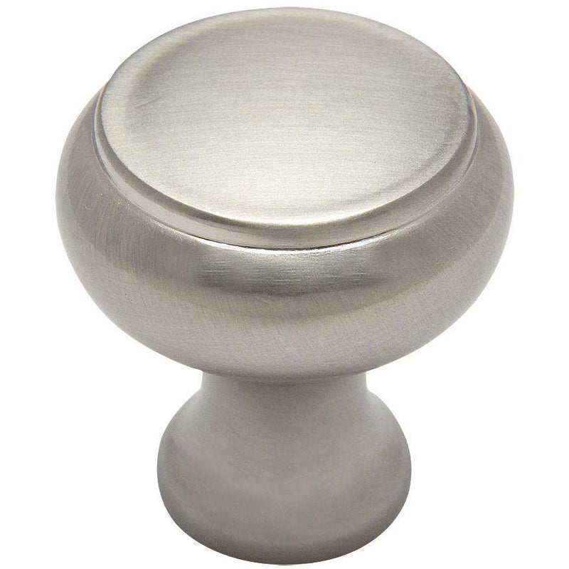 Satin nickel round cabinet drawer knob with raised centre design and one and one eighth inch diameter