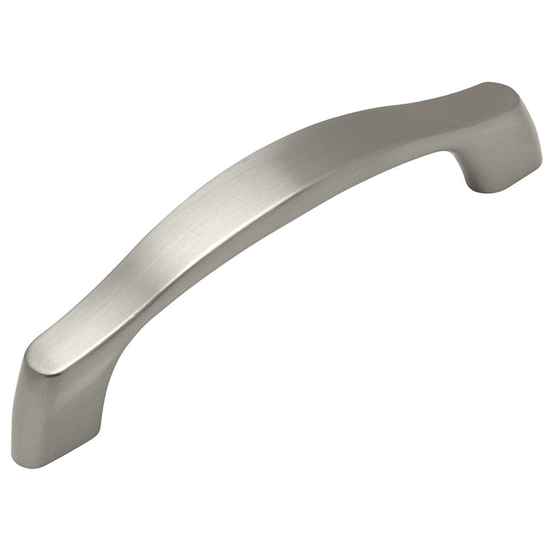 Simple contemporary drawer pull in satin nickel finish with three and three quarters inch hole spacing