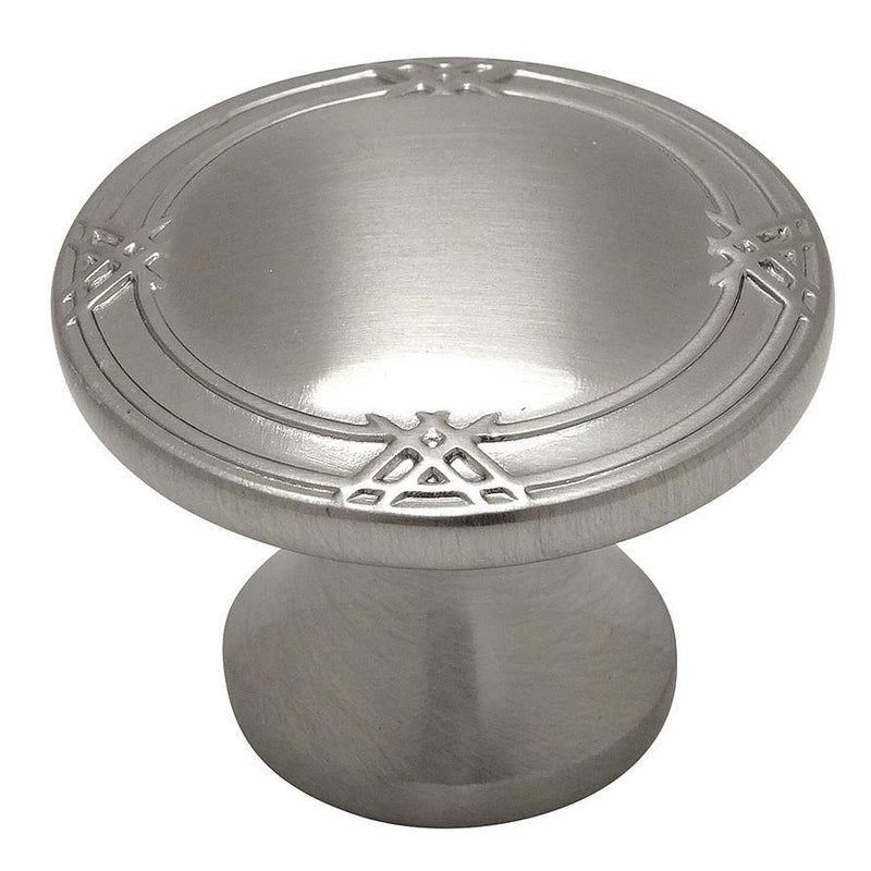 Satin nickel round cabinet drawer knob with small crossings on the edges and one and five sixteenths inch diameter