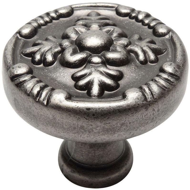 Tree shaped engraving drawer knob in weathered nickel finish with one and a quarter inch diameter