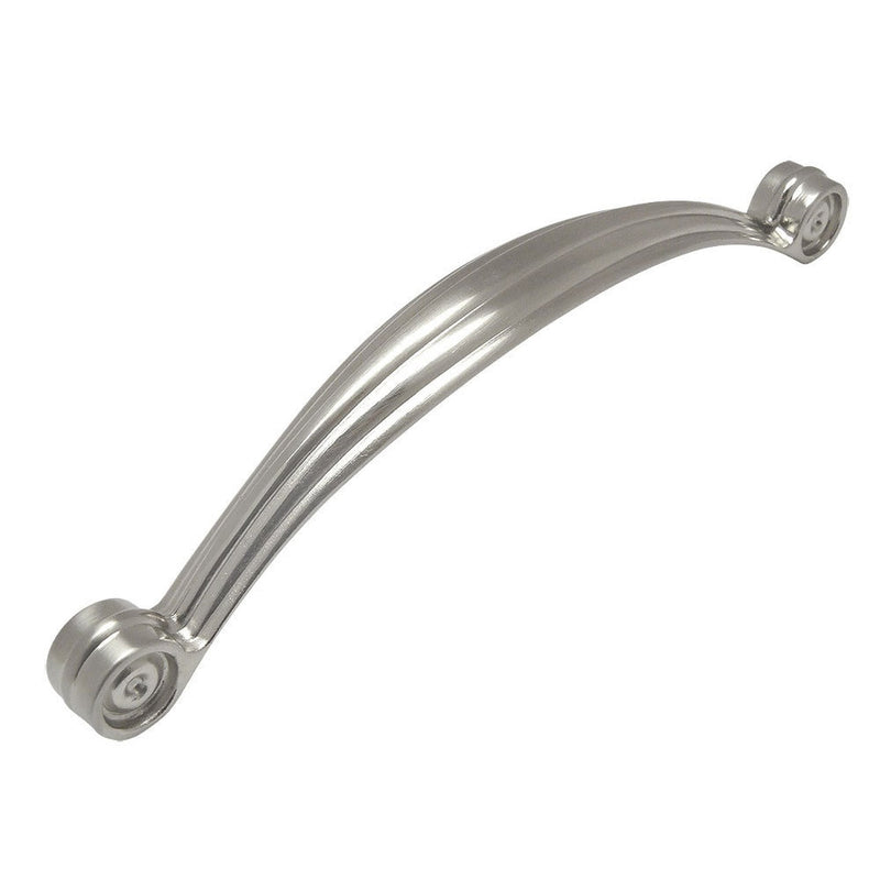 Satin nickel cabinet handle pull with curly ends design and five inch hole spacing