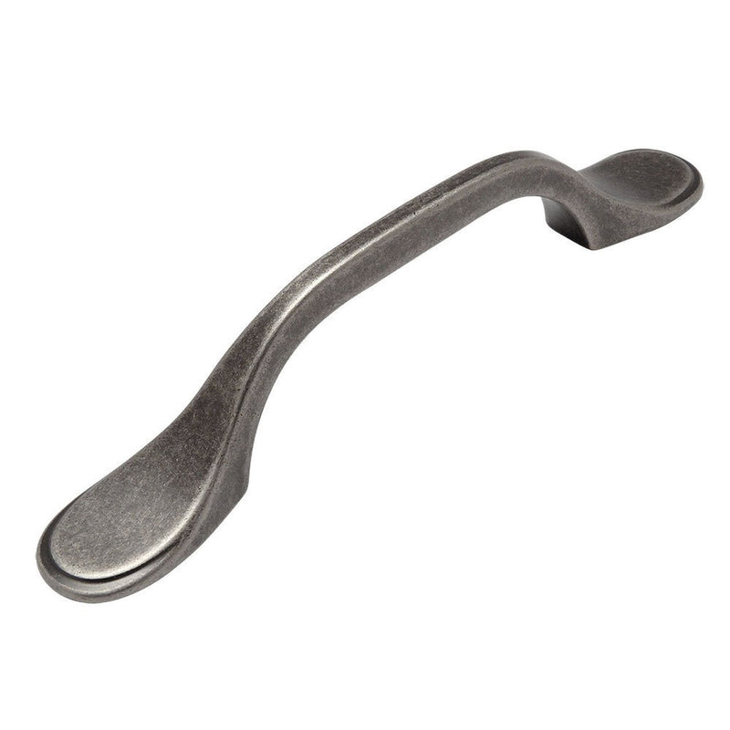 Weathered nickel drawer pull with three inch hole spacing and flare design