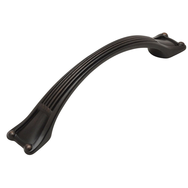 Three and three quarters inch hole spacing cabinet pull in oil rubbed bronze finish with simple roman style