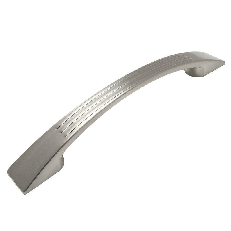 Five inch hole spacing cabinet drawer pull with lines texture and arched handle in satin nickel finish