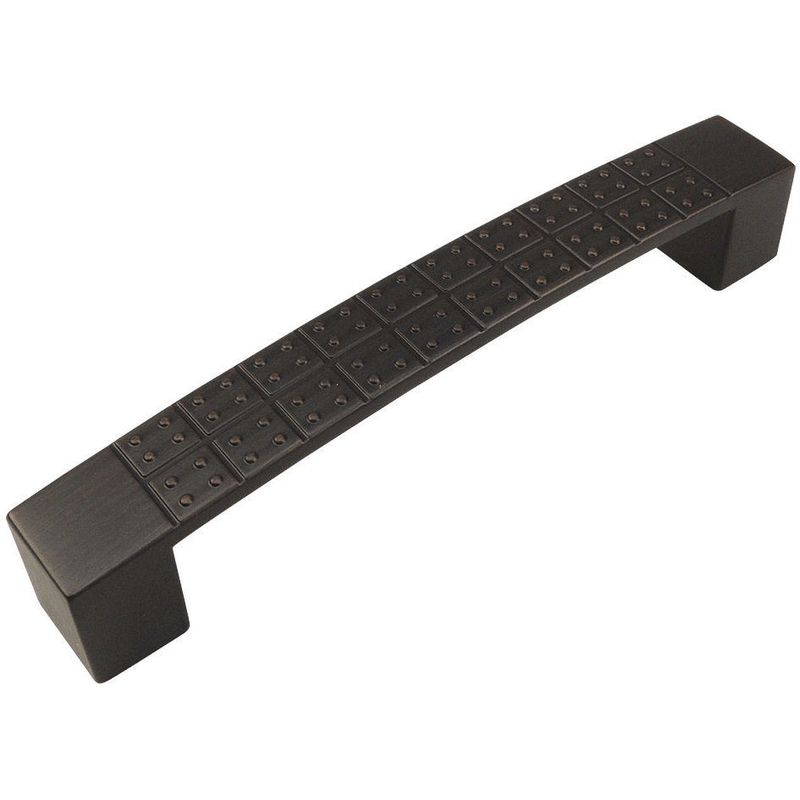 Sturdy square edge cabinet drawer pull in oil rubbed bronze finish with small holes on the surface
