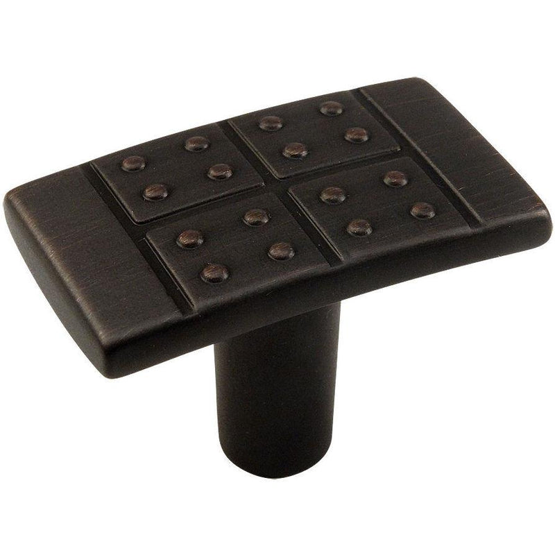 T shaped cabinet knob in oil rubbed bronze finish with one and three eighths inch length