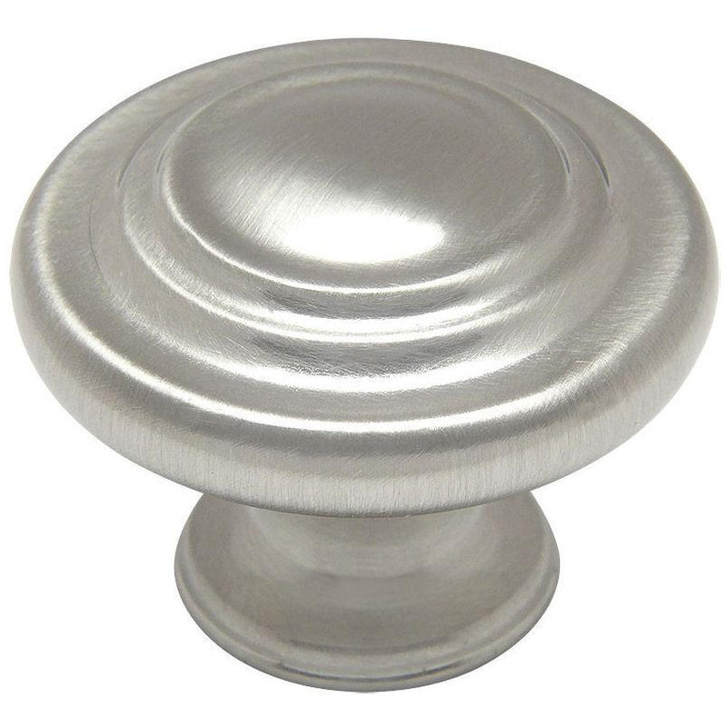 Satin nickel cabinet drawer knob with three raised rings on the face
