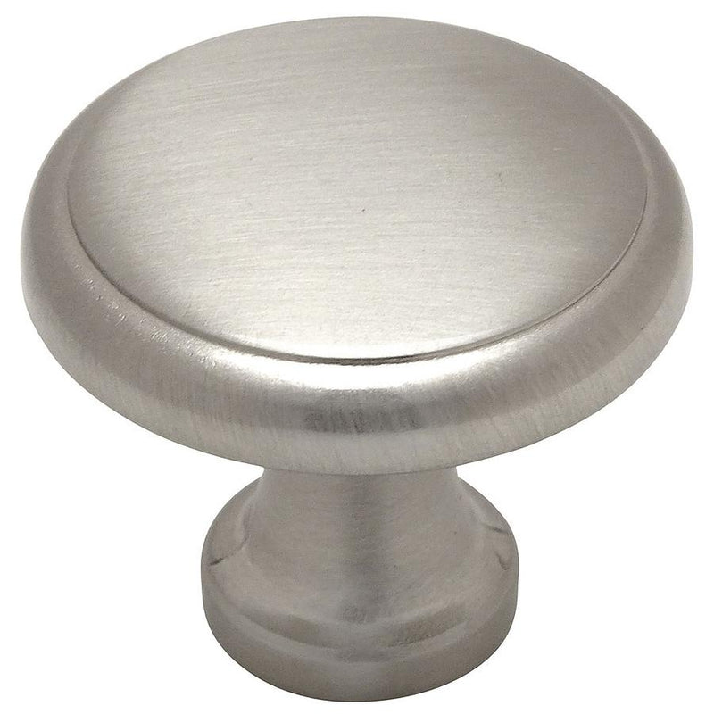 Round cabinet knob in satin nickel finish with slightly raised centre design