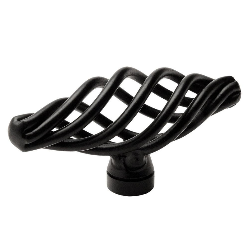 Oval birdcage drawer knob in flat black finish and two and seven sixteenths inch length