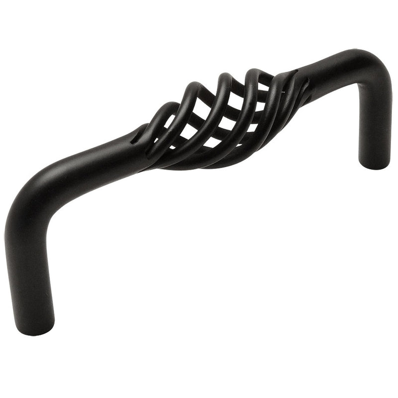 Birdcage cabinet drawer pull in flat black finish with three and three quarters inch hole spacing