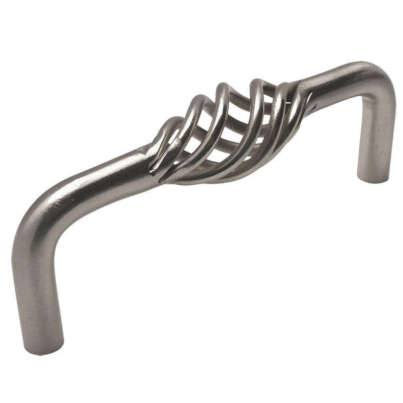 Cabinet drawer pull in satin nickel finish with birdcage design