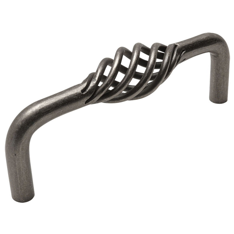 Weathered nickel drawer pull with birdcage design and three and three quarters inch hole spacing