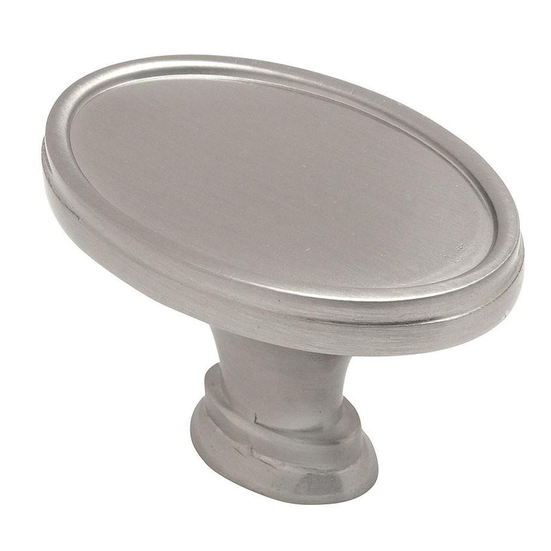 Oval cabinet knob in satin nickel finish with one and nine sixteenths inch length