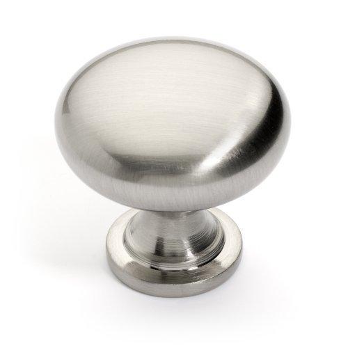 Round cabinet knob in satin nickel finish with classic design and one and three sixteenths inch diameter