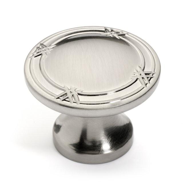 One and three eighths inch diameter satin nickel knob with ribbons accent