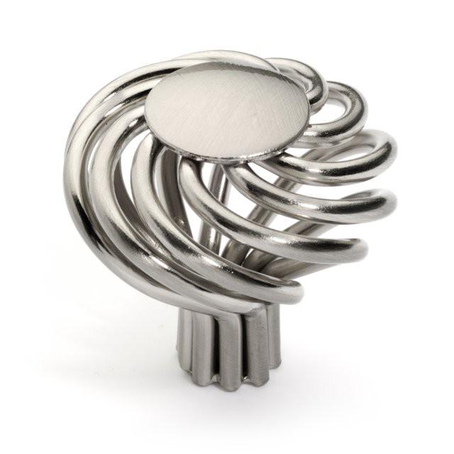 Elegant cabinet knob in satin nickel finish with spiral and birdcage design