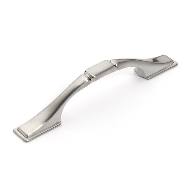 Arch satin nickel cabinet pull with small rectangle accent at the centre and three inch hole spacing