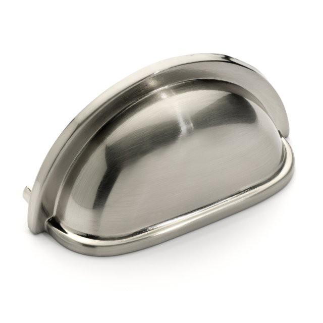 Shiny cabinet cup pull in satin nickel finish with thick edges design and three inch hole spacing