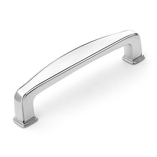 Three and three quarters inch hole spacing polished chrome handle pull with basic design and slightly bulging at the centre