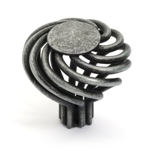 Round spiral birdcage cabinet knob in antique pewter finish with one and one eighth inch diameter