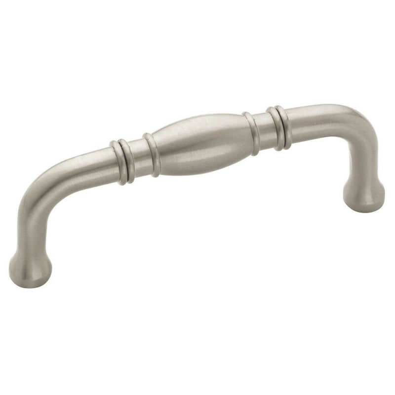Cabinet pull in satin nickel finish with barrel shape in the middle Amerock BP53013-G10 Satin Nickel Barrel Cabinet Pull