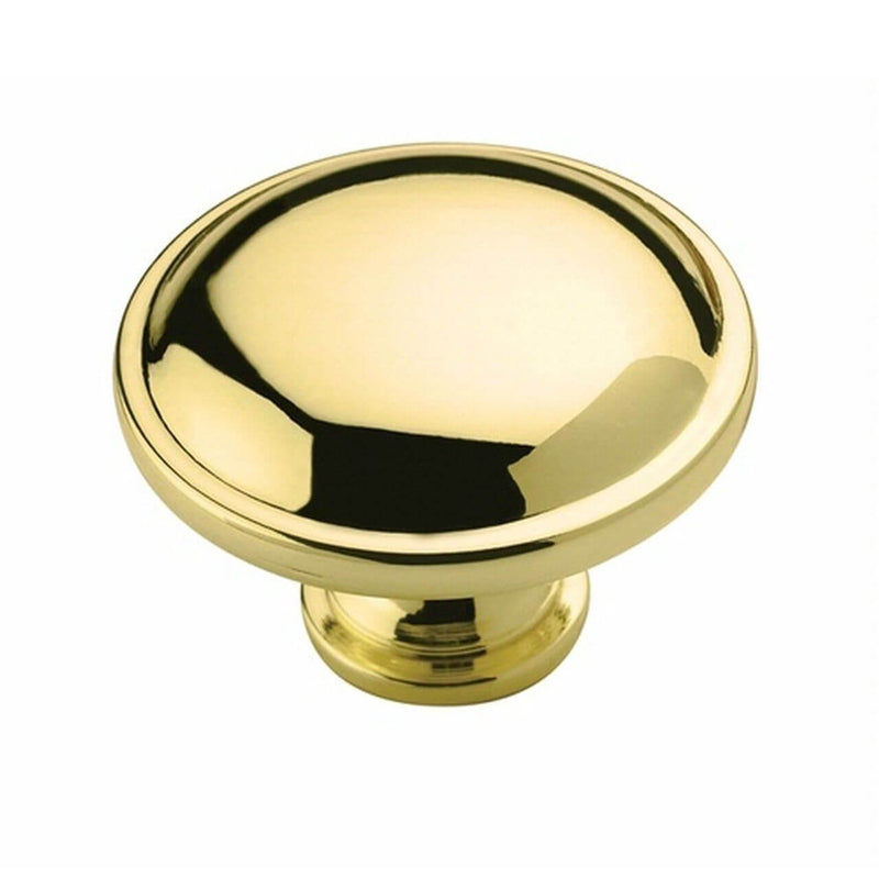 Round drawer knob in polished brass finish with slightly elevated center Amerock BP53015-3 Polished Brass Cabinet Knob