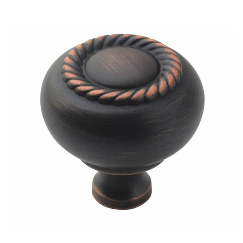 Oil rubbed bronze cabinet knob with one and a quarter inch hole spacing and rope design Amerock BP53471-ORB Oil Rubbed Bronze Scroll Cabinet Knob