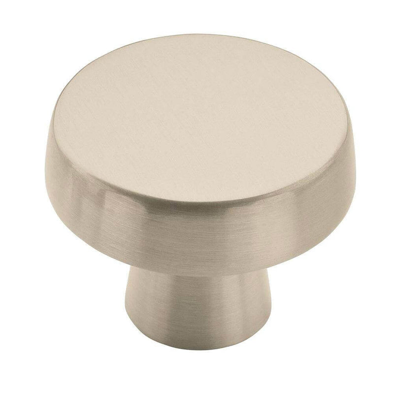 Round flat drawer knob in satin nickel finish with one and three fourths inch diameter Amerock BP55272-G10 Satin Nickel Cabinet Knob