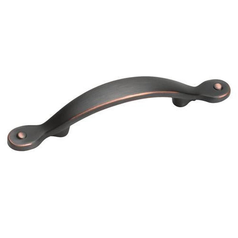 Curved cabinet pull in oil rubbed bronze finish with three inch hole spacing