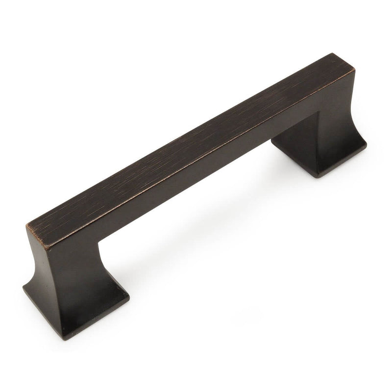 Oil rubbed bronze drawer pull with three and three quarters inch hole spacing