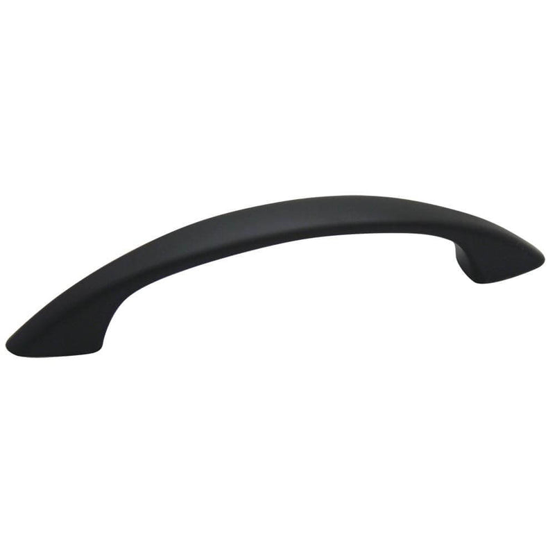 Subtle arched cabinet pull in flat black finish with three inch hole spacing